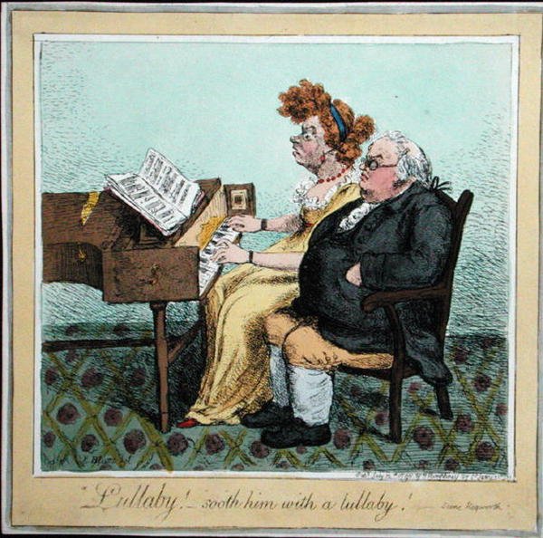 "Vaggvisa - lugna honom med en vaggvisa!" publicerad av Hannah Humphrey 1798 (handfärgad etsning) av James Gillray