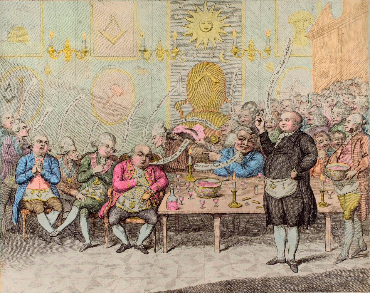 Maconic Anecdote/A Masonic Anedcote - av James Gillray (1757-1815) - Engelsk tecknad film mot greve Cagliostro (Alessandro, greve av Cagliostro (Giuseppe Balsamo) av James Gillray
