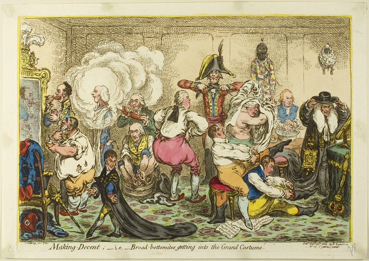 Att göra sig anständig; dvs. breda bottnar Att komma in i den stora kostymen av James Gillray