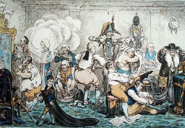 Making Decent, d.v.s. Broad-bottomites Getting into the Grand Costume, pub. av Hannah Humphrey av James Gillray