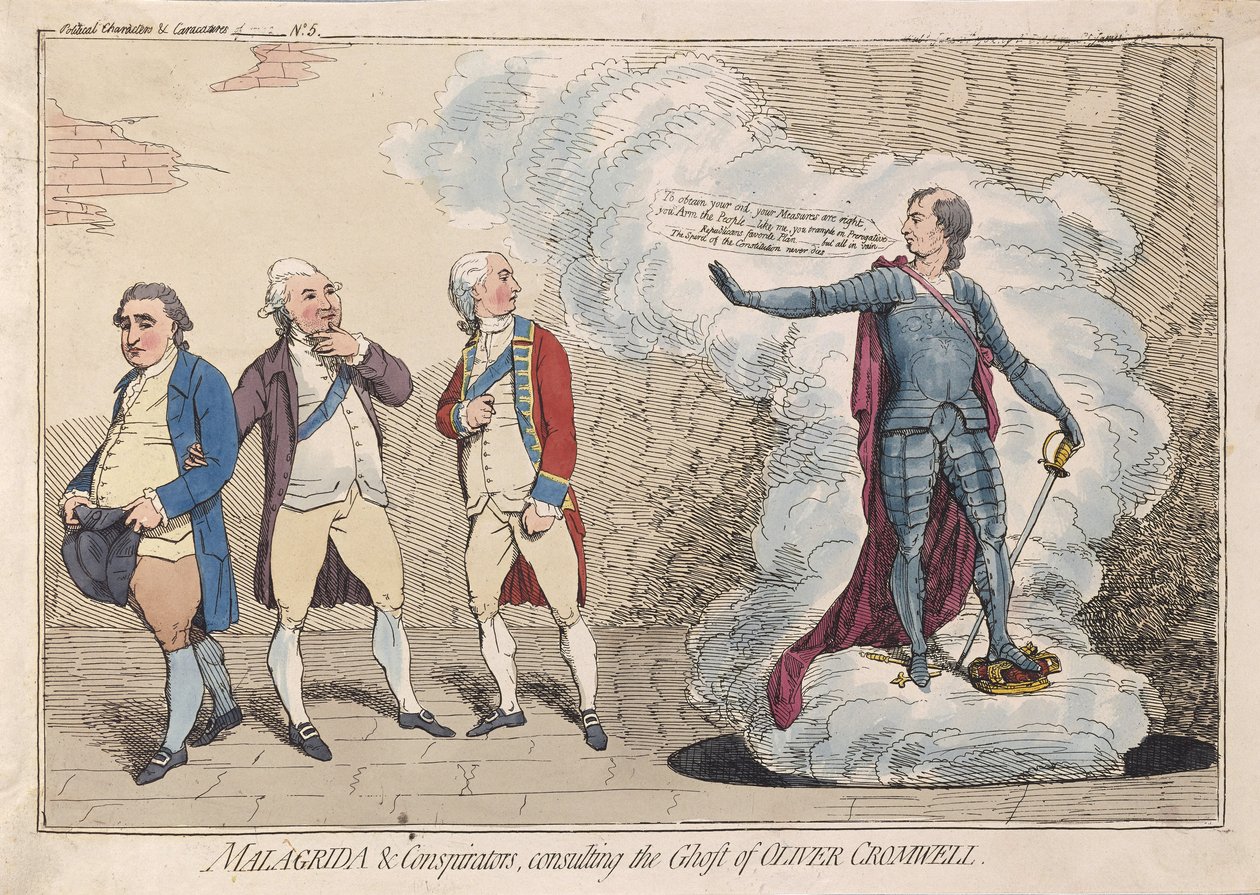 Malagrida & Conspirators, konsulterar Ghost of Oliver Cromwell, pub. 1782 (handfärgad gravyr) av James Gillray