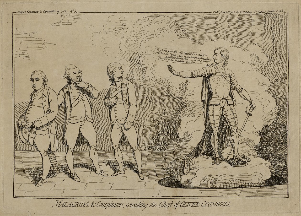 Malagrida and Conspirators, Consulting the Ghost of Oliver Cromwell, publicerad 10 juni 1782 (etsning på lagt papper inlagt på vävt papper) av James Gillray