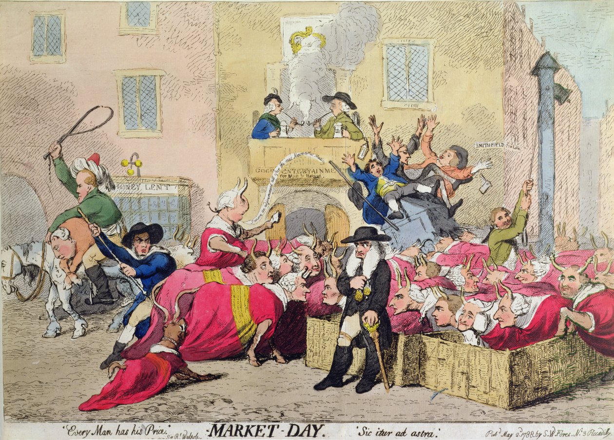 Marknadsdagen, utgiven av S.W. Fores 1788 (handfärgad etsning) av James Gillray