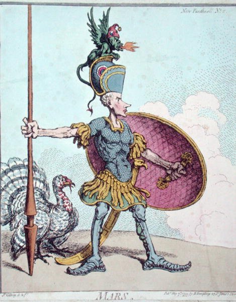 Mars, publicerad av Hannah Humphrey i "New Pantheon" 1799 (handkolorerad etsning) av James Gillray