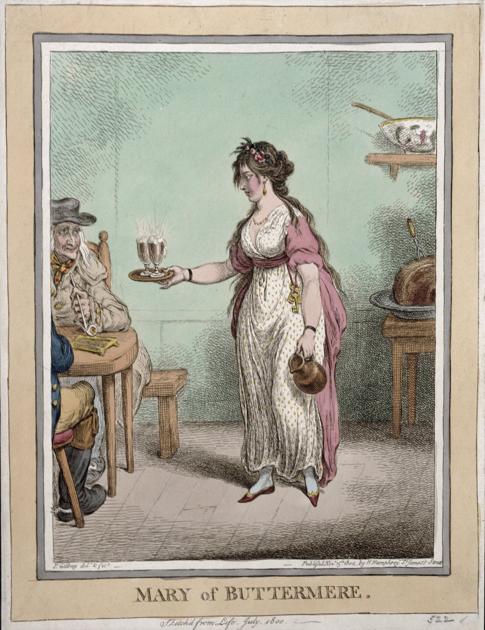 Mary of Buttermere, skissad från livet i juli 1800, publicerad av Hannah Humphrey 1802 (handkolorerad etsning) av James Gillray