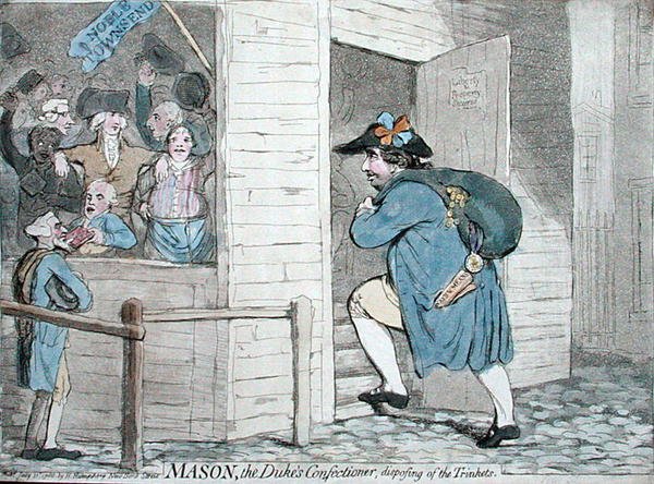 Mason, hertigens konditor som tar hand om prylarna, publicerad av Hannah Humphrey 1788 (handkolorerad etsning) av James Gillray