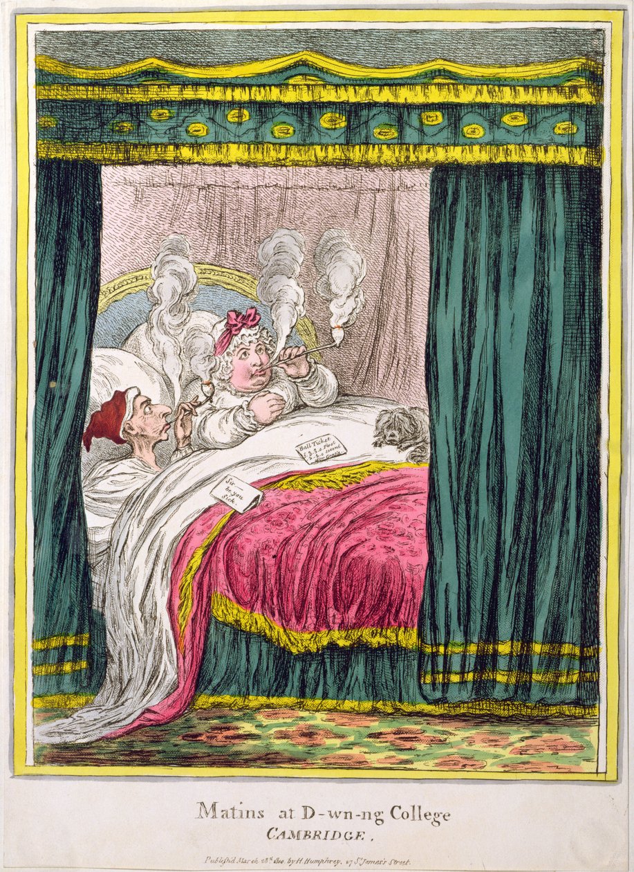 Matins vid D-wn-ng College, Cambridge, publicerad av Hannah Humphrey 1810 (handfärgad etsning) av James Gillray