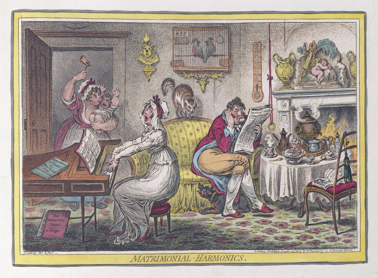 Matrimonial Harmonics, pub. 1805 (handfärgade gravyrer) av James Gillray