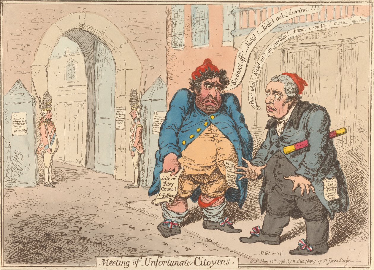 Möte mellan olyckliga medborgare. ”Två vanärade patrioters bestörtning” av James Gillray