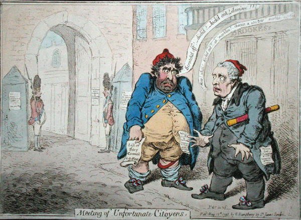 Meeting of Unfortunate Citoyens, publicerad av Hannah Humphrey 1798 (handfärgad etsning) av James Gillray