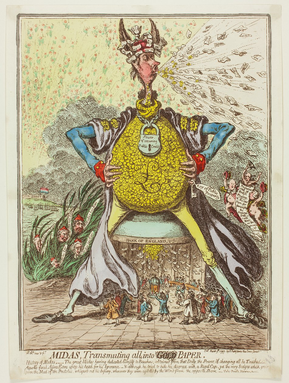 Midas, omvandlar allt till papper av James Gillray