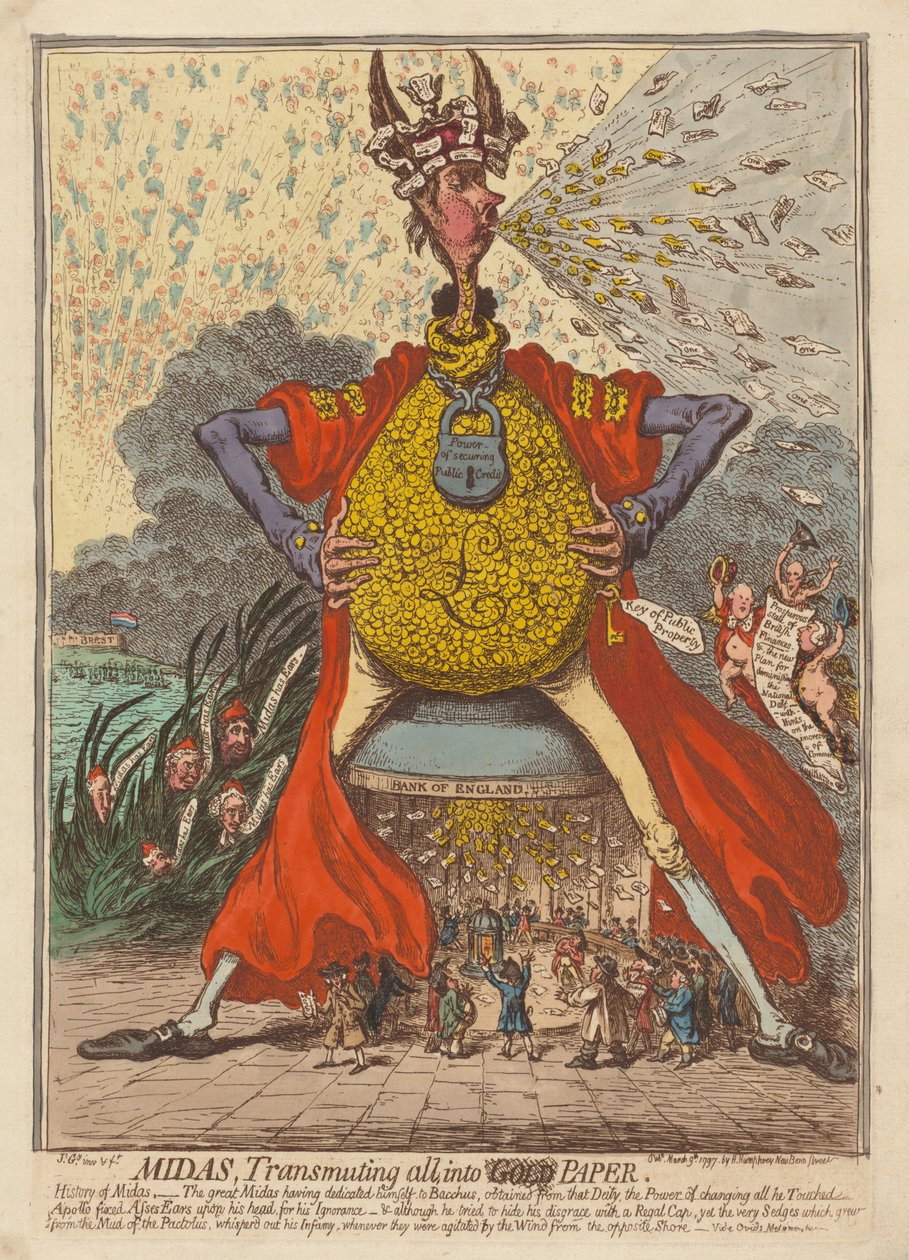 Midas, omvandlar allt till papper av James Gillray