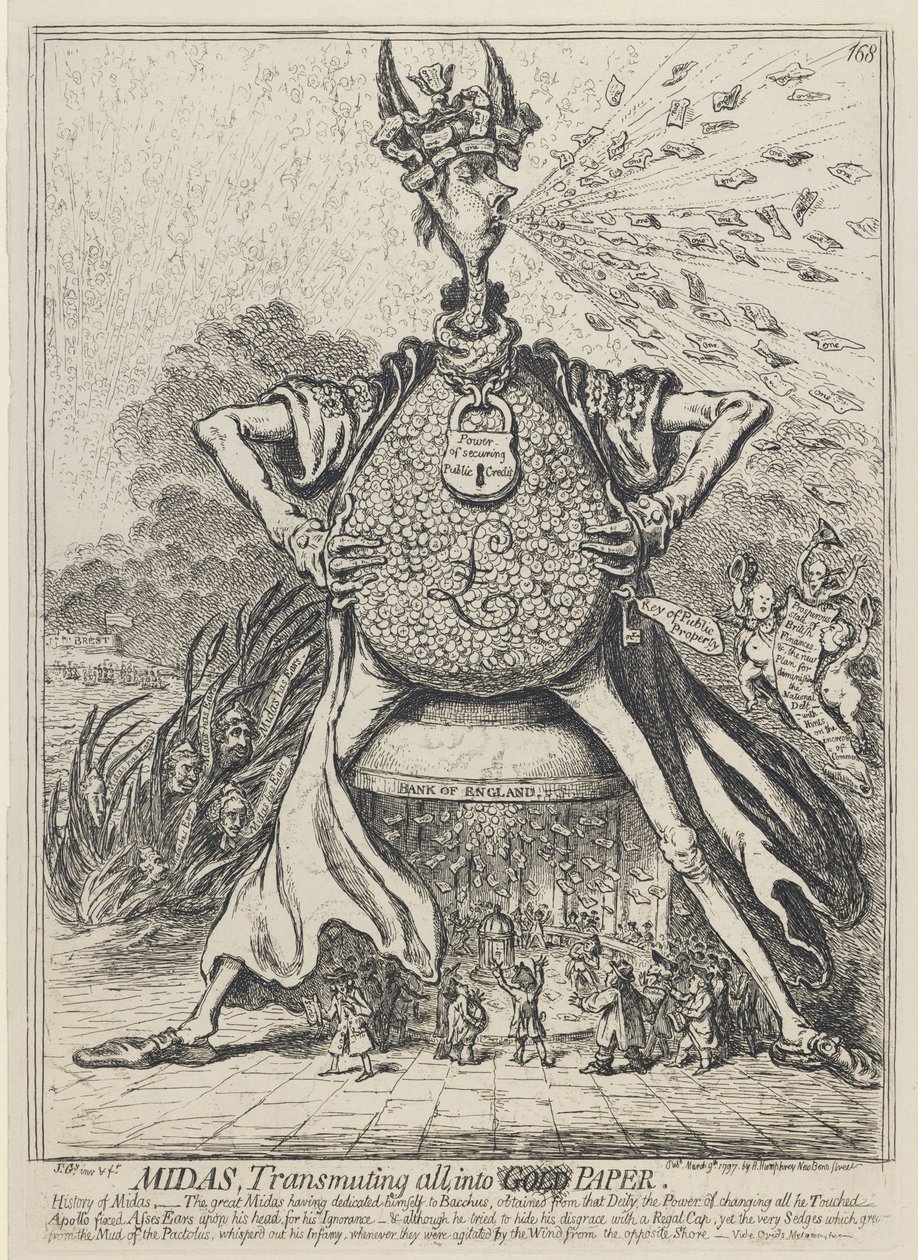 Midas, Transmuting allt till guldpapper, 1797 av James Gillray