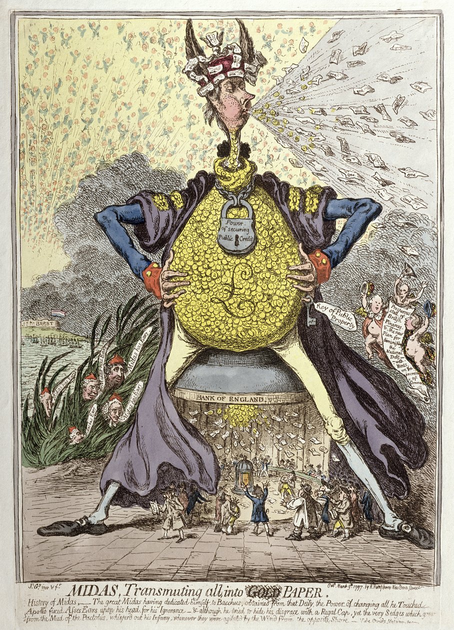 Midas Transmuting all into Gold Paper, utgiven av Hannah Humphrey 1797 (handfärgad etsning) av James Gillray