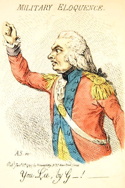Military Eloquence, en av åtta vinjetter som skildrar olika typer av vältalighet, publicerad av Hannah Humphrey 1795 (handkolorerad gravyr) (detalj av 191281) av James Gillray