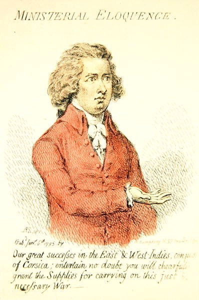 Ministerial Eloquence, publicerad av Hannah Humphrey 1795 (handfärgad gravyr) (detalj av 191281) av James Gillray