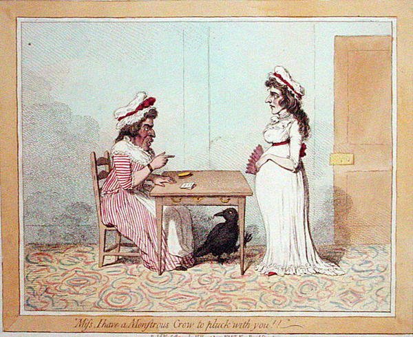 "Fröken jag har en monstruös kråka att plocka med dig", utgiven av Hannah Humphrey 1794 (handfärgad etsning) av James Gillray