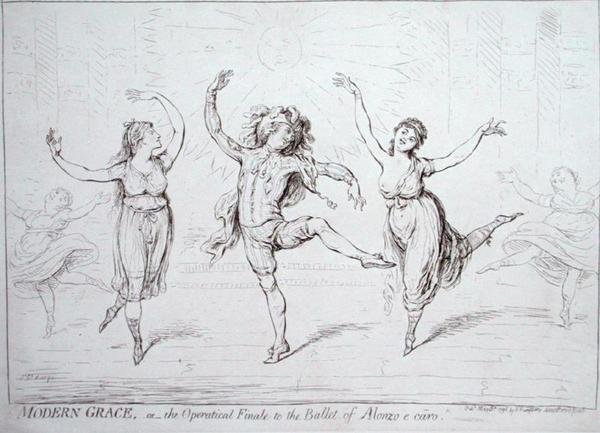 Modern Grace, or the Operatical Finale to the Ballet of Alonzo e caro, publicerad av Hannah Humphrey 1796 (penna och bläck på papper) av James Gillray