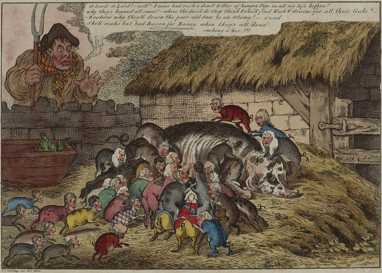 Fler grisar än spenar, eller – den nya kullen av hungriga grymtare som suger ihjäl John Bulls gamla sugga, 9 maj av James Gillray