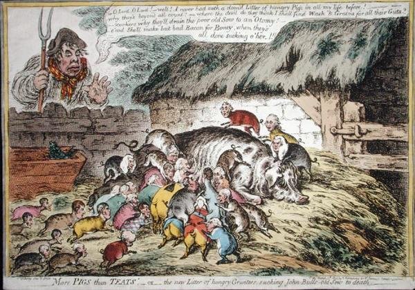 More Pigs than Teats, publicerad av Hannah Humphrey 1806 (handfärgad etsning) av James Gillray