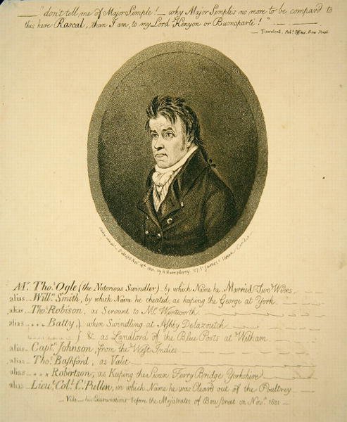 Mr. Thomas Ogle, den beryktade bedragaren, publicerad av Hannah Humphrey av James Gillray