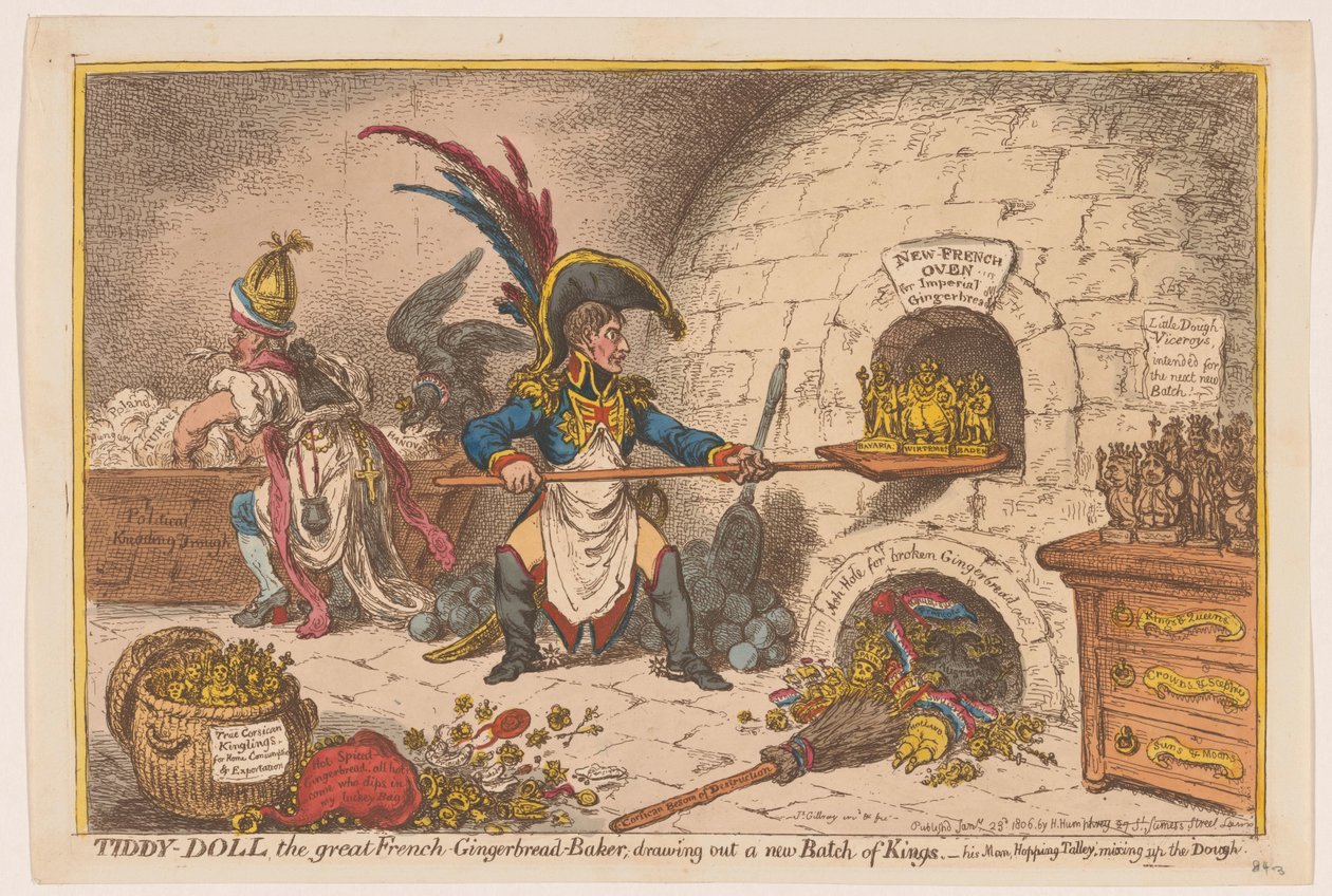 Napoleon bakar en ny del av kungar, 1806 Tiddy-Doll, den store franska-pepparkaksbagaren; dra ut en ny Batch of Kings (titel på objekt) av James Gillray