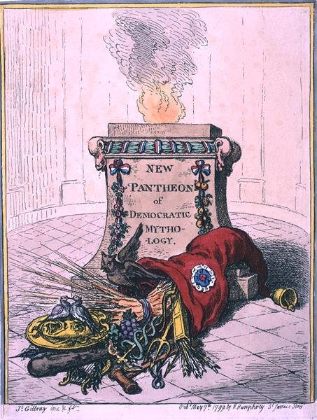 New Pantheon of Democratic Mythology, publicerad av Hannah Humphrey 1799 (handfärgad etsning) av James Gillray