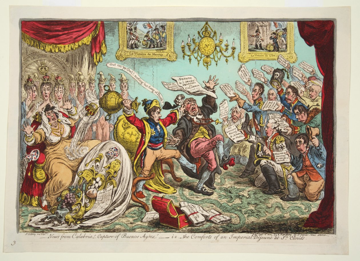 Nyheter från Kalabrien! Fångst av Buenos Ayres! - d.v.s. bekvämligheterna av ett kejserligt Dejeune på St Clouds, pub. 1806 (handfärgad gravyr) av James Gillray