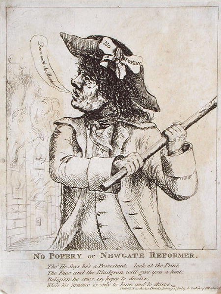 No Popery, or Newgate Reformer: möjligen har Ned Dennis en "No Popery"-tjänst i hatten med Newgate Prison i lågor bakom av James Gillray
