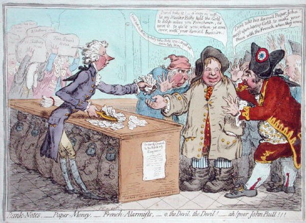 Opening of the Budget, or John Bull giving his breeches to save his Bacon, utgiven av Hannah Humphrey 1796 (handkolorerad etsning) av James Gillray