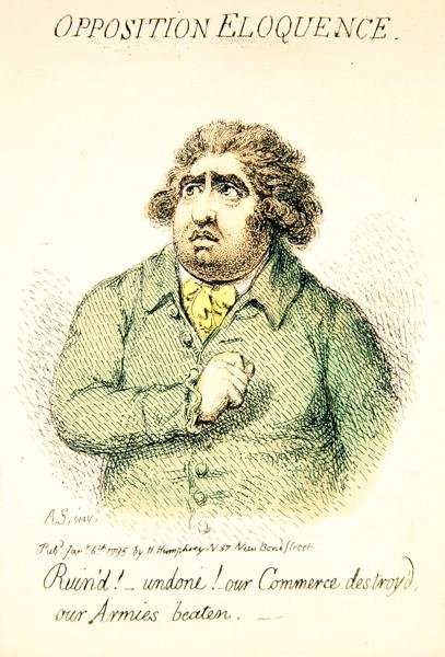 Opposition Eloquence, publicerad av Hannah Humphrey 1795 (handfärgad gravyr) (detalj av 191281) av James Gillray