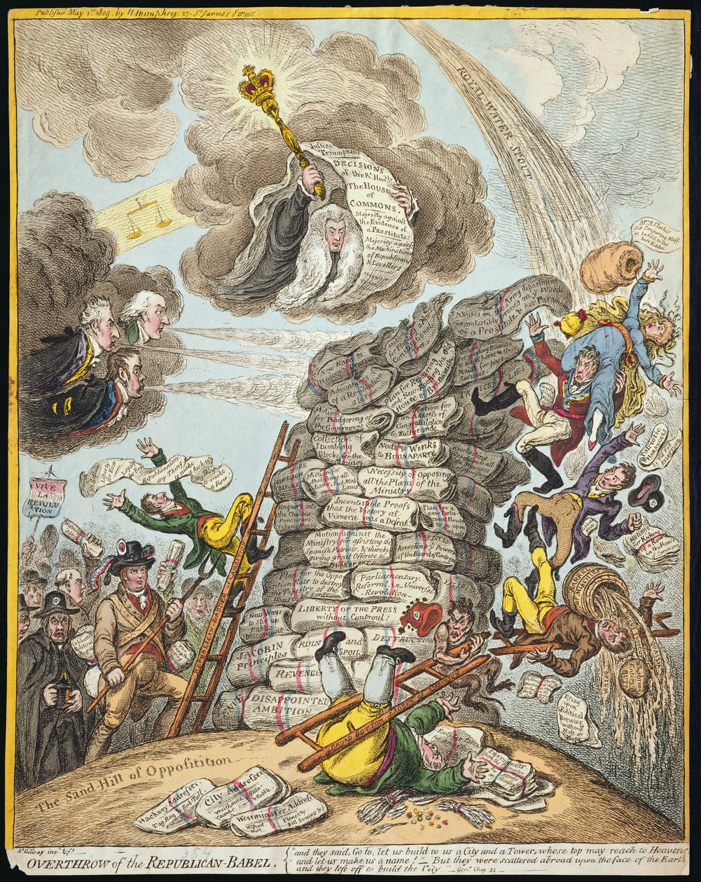 Störtandet av det republikanska Babel, publicerat av Hannah Humphrey 1809 (handfärgad etsning) av James Gillray