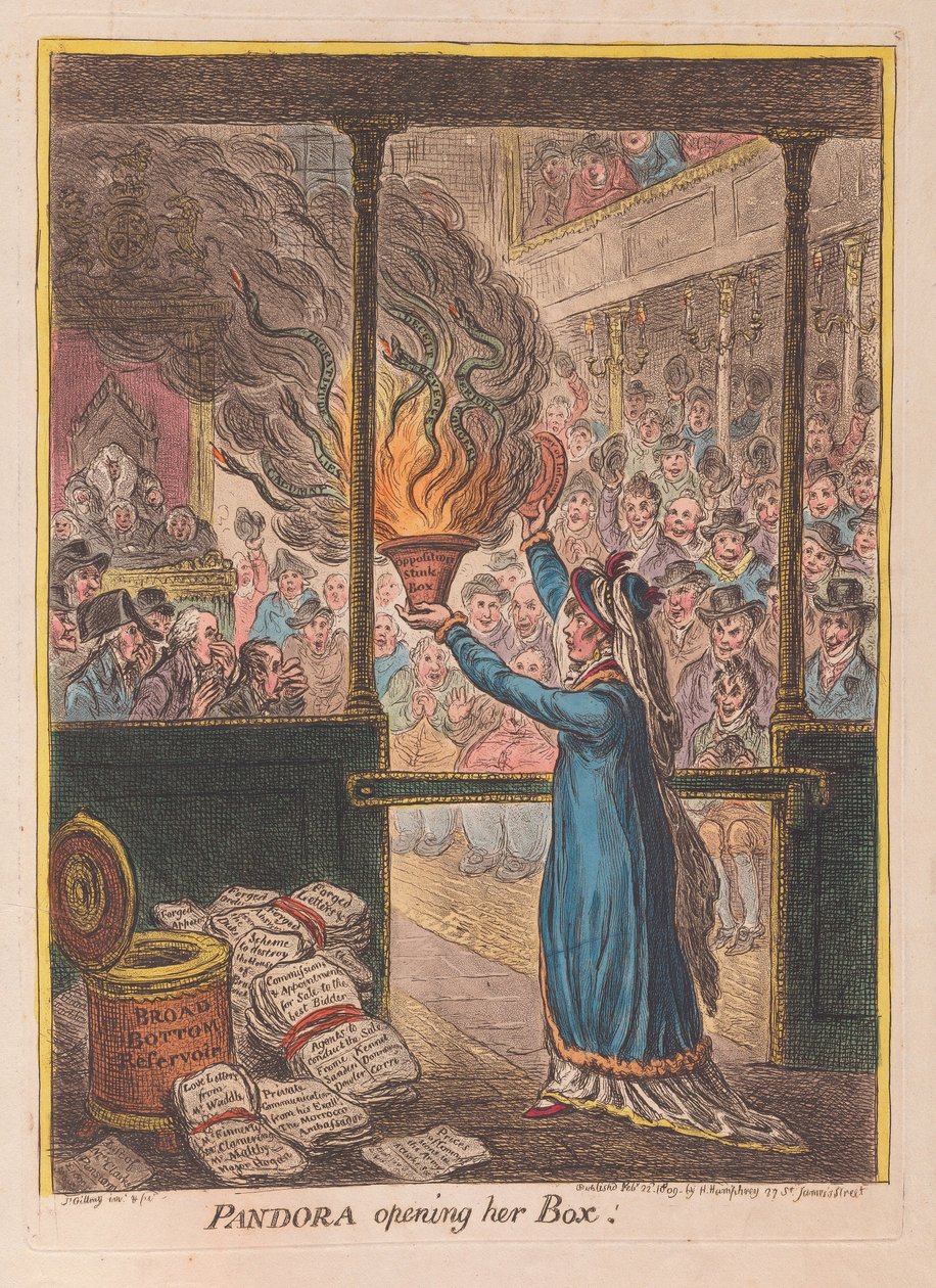 Pandora öppnar sin låda, pub. 1809 (handfärgad gravyr) av James Gillray