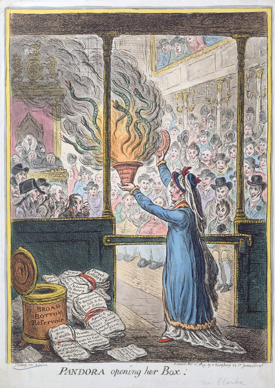Pandora Opening her Box, publicerad av Hannah Humphrey, 1809 (handfärgad etsning) av James Gillray
