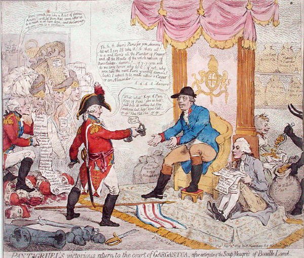 Pantagruels segerrika återkomst till hovet i Gargantua efter att ha utrotat Soup-Meagres of Bouaille Land, publicerad av Hannah Humphrey 1794 (handfärgad etsning) av James Gillray
