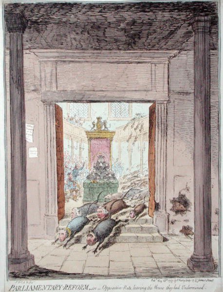 Parliamentary Reform, or Opposition Rats leaving the House they had Undermined, utgiven av Hannah Humphrey 1797 (handkolorerad etsning) av James Gillray