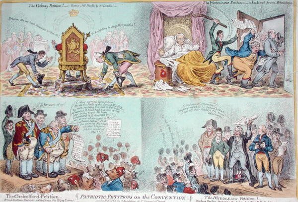 Patriotic Petitions on the Convention, publicerad av Hannah Humphrey (handfärgad etsning) av James Gillray