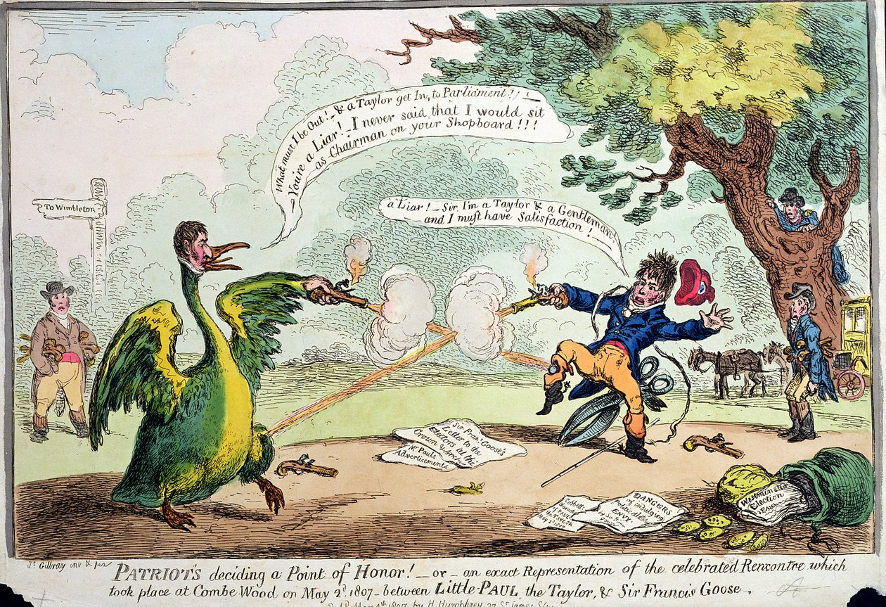 Patrioter som bestämmer en hederspunkt! eller En exakt representation av Rencontre som ägde rum i Coombe Wood den 2 maj 1807 mellan Little Paul the Taylor och Sir Francis Goose, publicerad av Hannah av James Gillray