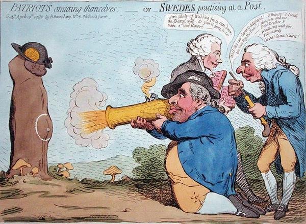 Patrioter som roar sig, eller svenskar som övar på en post, publicerad av Hannah Humphrey 1792 (handfärgad etsning) av James Gillray