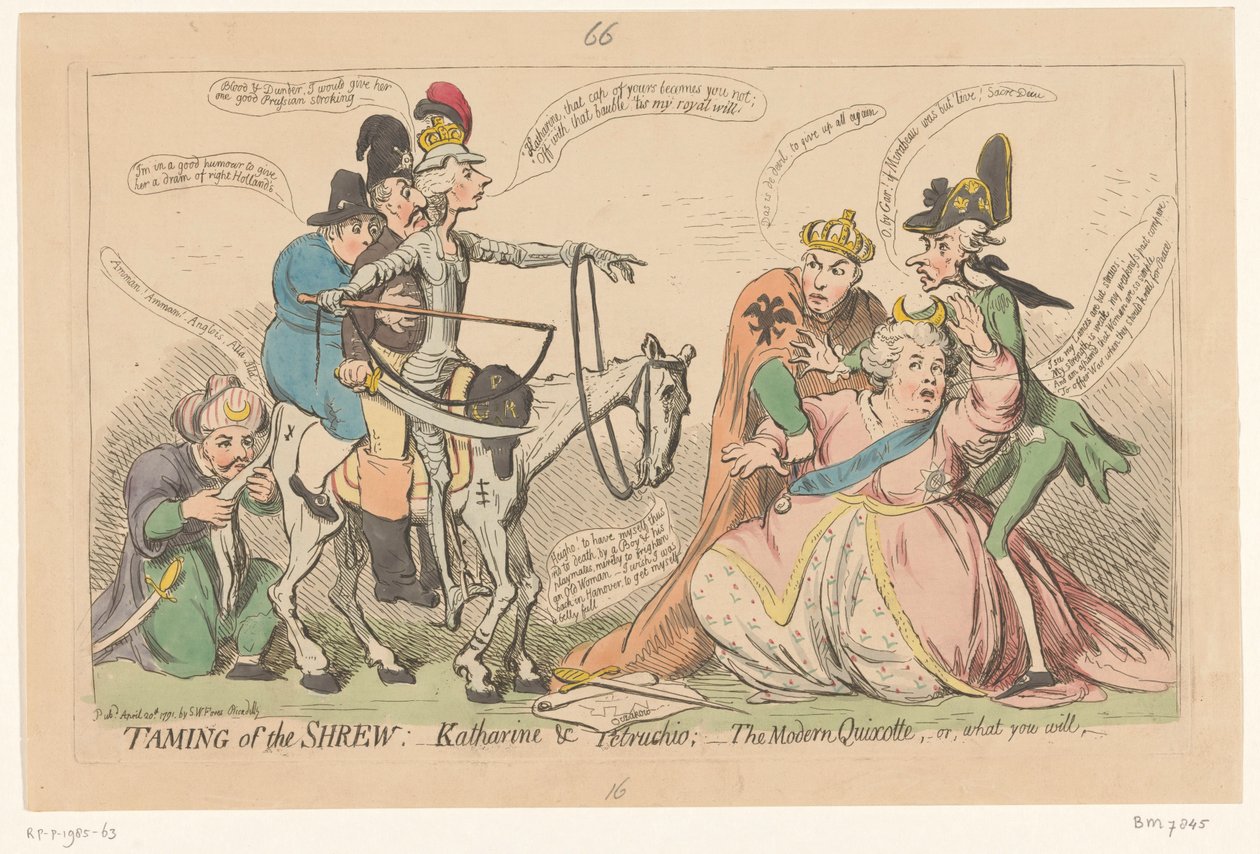 Pitt som Don Quijote skrämmer Katarina den stora, 1791 Tämja smusspetsen:- Katharine & Petruchio: - den moderna Quixotten, eller vad du vill (titel på objekt) av James Gillray