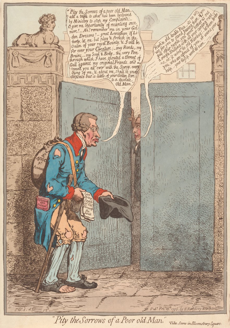 Medkänsla för en stackars gammal mans sorger – se scenen på Bloomsbury Square av James Gillray