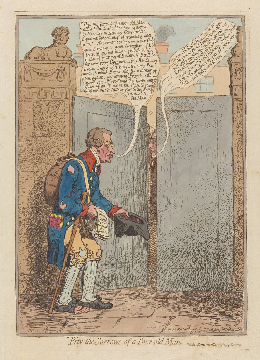 Pity the Sorrows of a Poor Old Man, pub. 1796 (handfärgad gravyr) av James Gillray