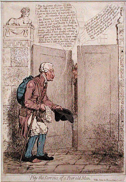 Pity the Sorrows of a Poor Old Man, utgiven av Hannah Humphrey 1796 (handkolorerad etsning) av James Gillray
