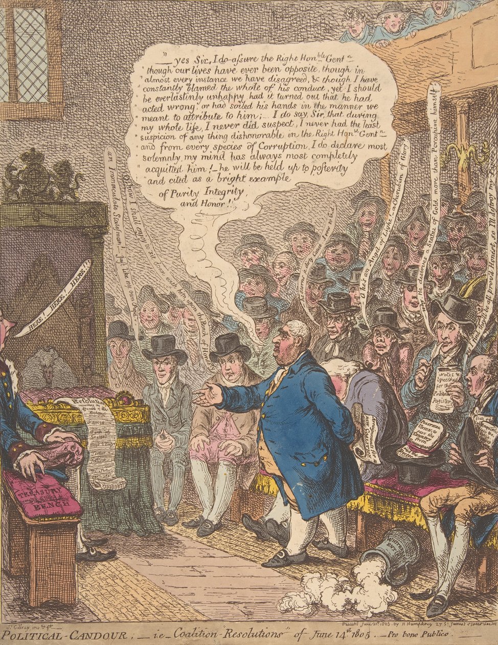 Politisk-uppriktighet,- dvs-koalitionsresolutioner av den 14 juni 1805.-Pro bono Publi..., 21 juni 1805. av James Gillray