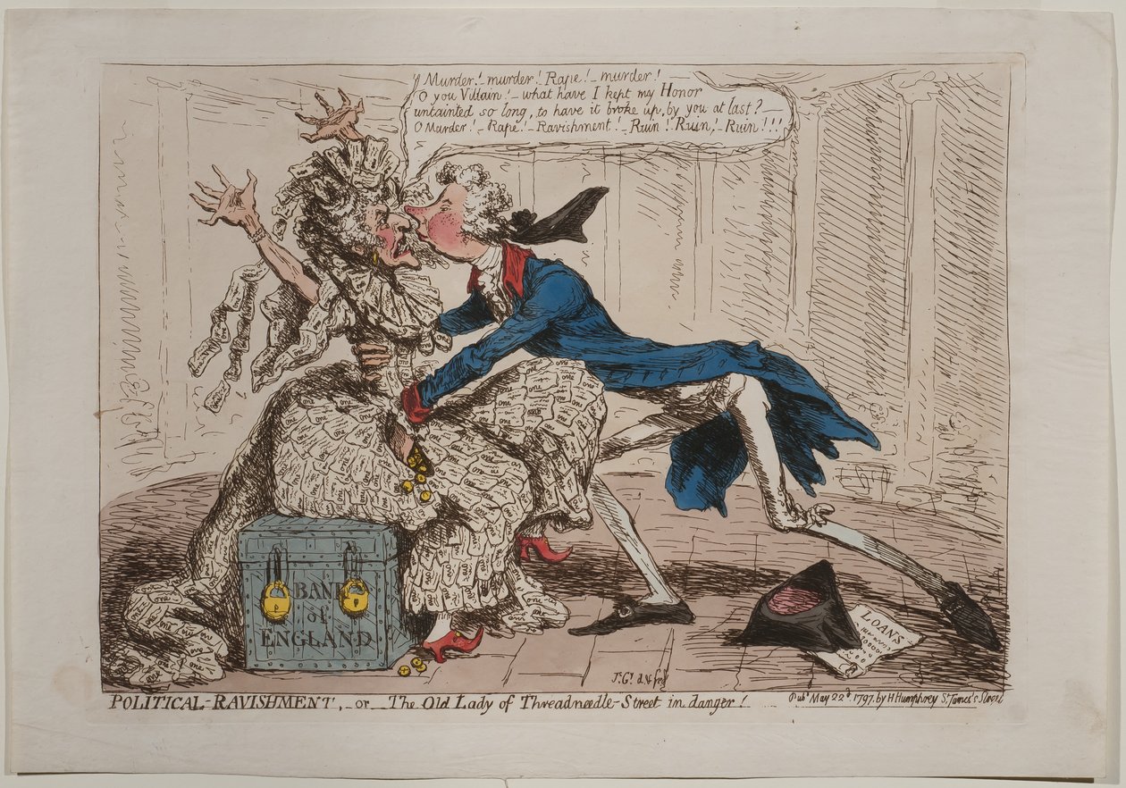 Political Ravishment, eller The Old Lady of Threadneedle Street i fara!, publicerad av Hannah Humphrey, 1797 (handfärgad etsning) av James Gillray