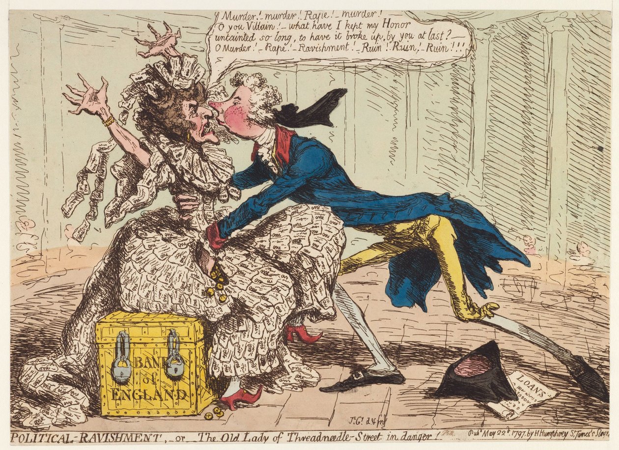 Politisk ravishment, eller den gamla damen på Threadneedle Street i fara!, 1797 av James Gillray