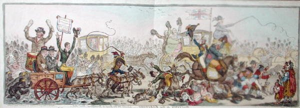 Posting to the Election: a scen on the road to Brentford, publicerad av Hannah Humphrey 1806 (handfärgad etsning) av James Gillray