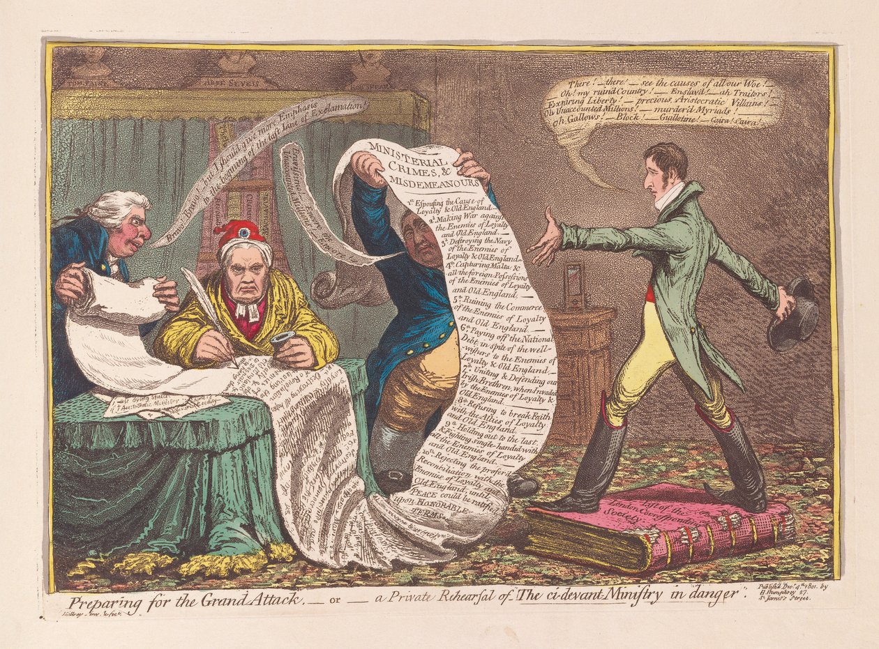 Förbereder för den stora attacken, eller en privat repetition av The ci-devant Ministry in Danger, pub. 1801 (handfärgad gravyr) av James Gillray