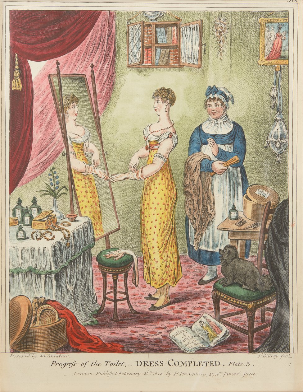 Toalettens framsteg: Klänningen färdig, skylt 3 av James Gillray
