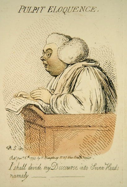 Predikstolen Eloquence, publicerad av Hannah Humphrey 1795 (handfärgad gravyr) (detalj 191281) av James Gillray